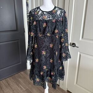 Zara Navy Ruffle Lace Dress with Embroidered Floral Detail Size S